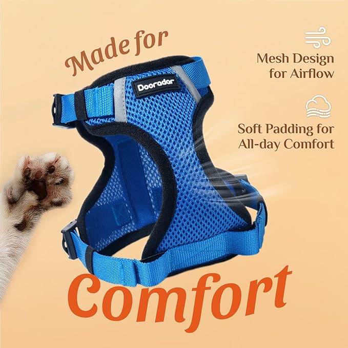 Dooradar Cat Harness and Leash Set, Escape Proof Soft with 3 Adjustable Buckles, Comfortable Vest Easy to Wear Kitten Harness with Reflective Strip, Safe for Outdoor Walking, Royal Blue, S