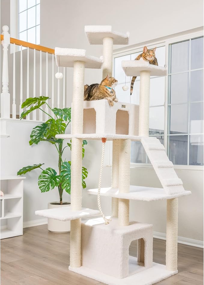 Armarkat B8201 Classic Real Wood Cat Tree in Ivory, Multi Levels with Ramp, Three Perches, Rope Swing, Two Condos
