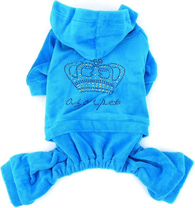 Dog Jumpsuit Hoodie Sweatshirt Dog Fleece Sweater Coat Small Pet Clothes Rhinestone Crown Blue M