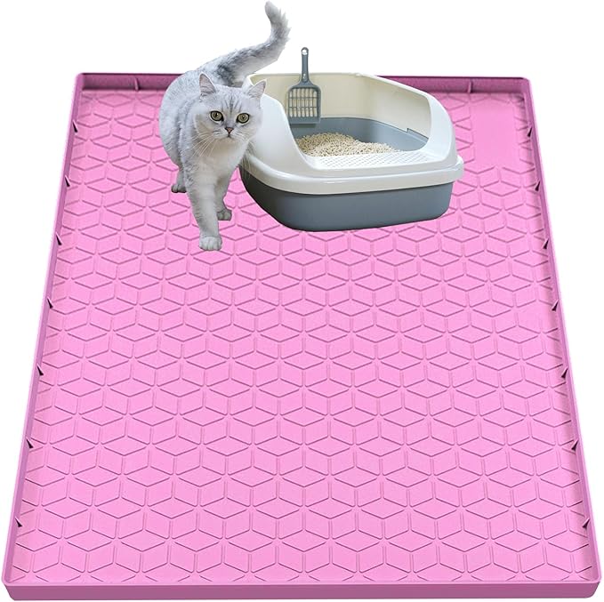 Cat Litter Mat, Silicone Large Cat Mat for Litter Box - 34x22 in, Waterproof & Non-Slip, Durable & Easy Clean, Pink