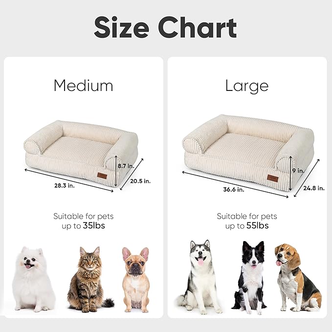 FUKUMARU Cute Dog Bed, Thickened Orthopedic Dogs Couch, 36in Egg Crate Foam Pet Sofa for Medium to Large Dogs, Waterproof Warm Corduroy Pet Bed with Washable Cover, Cream