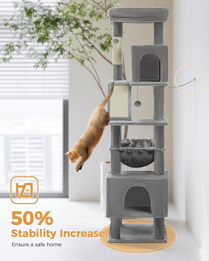 MUTTROS 71" Tall Cat Tree for Large Cat 20 lbs with Super Large Hammock, Heavy Duty Cat Tower with 4 Sisal Scratching Posts & 2 Spacious Condos for Big Adult Cats Maine Coon-Grey