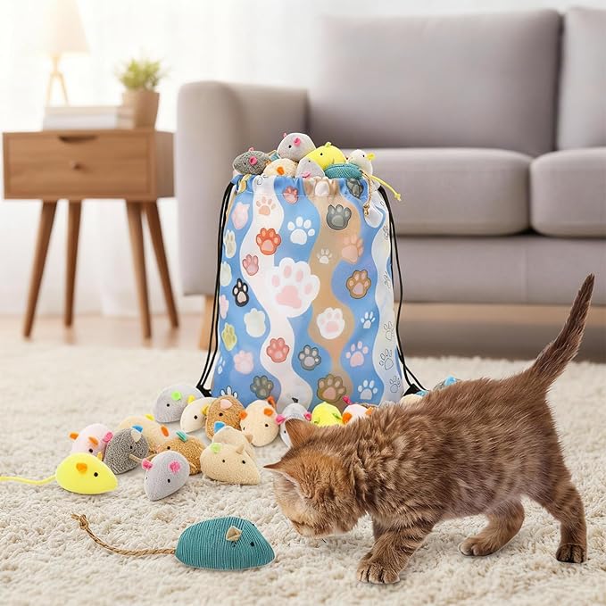 Leitee 51 Pcs Assorted Mice Cat Toys Bulk with Cat Paw Gift Storage Bags Set, Small Furry Mouse Kitten Toy for Indoor Cats, Interactive Play Color Varies (Plush Mice)