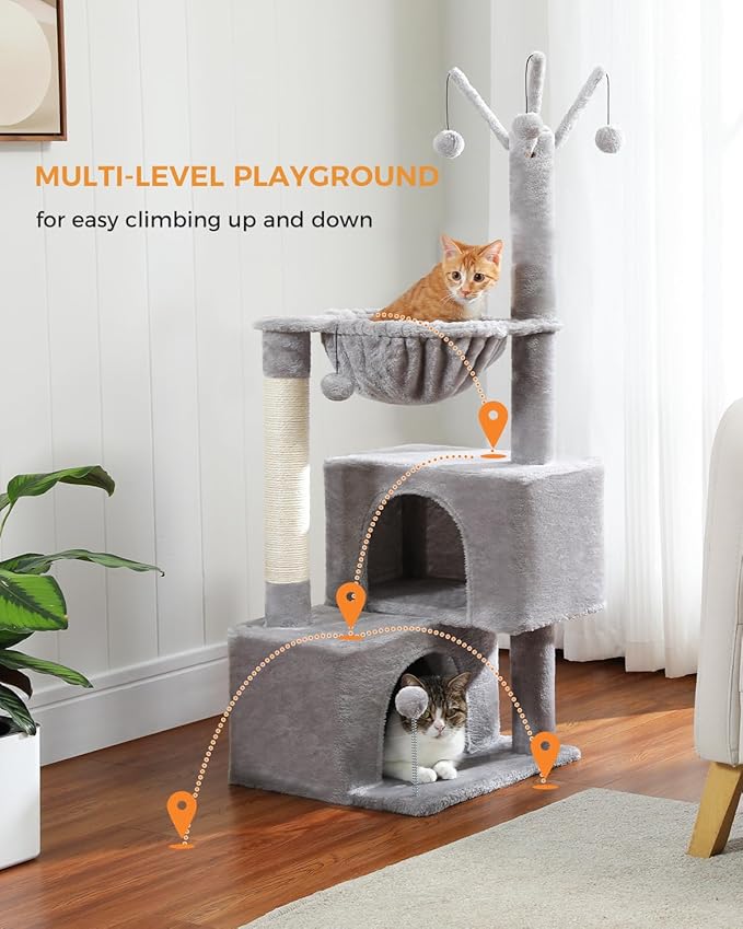 45-Inch Small Cat Tree with 2 Condos for Indoor Cats,Cat Tower with Scratching Posts for Small Cats,Grey Cat Tree Tower with Hammock and Cat Toys