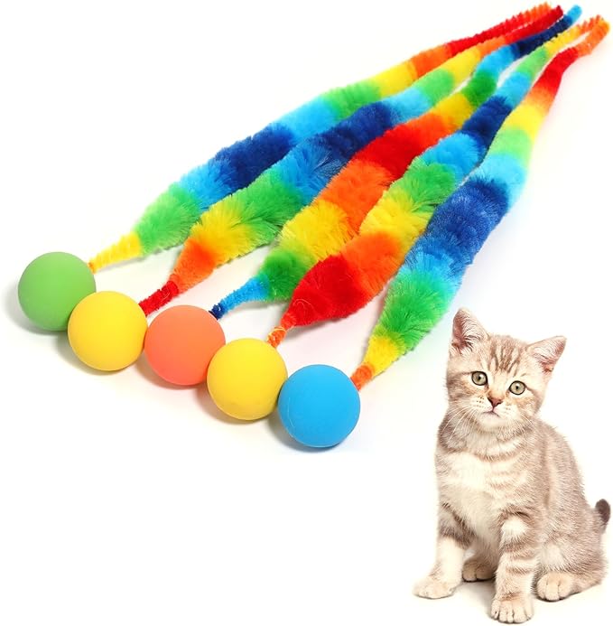 QfwdfcTrenz 5 Pcs Fuzzy Balls for Cats Bouncy Ball Colorful Fuzzy Bouncy Cat Balls Toy FuzzyWorms Pom Pom Cat Toys (Ball Colors are Random)