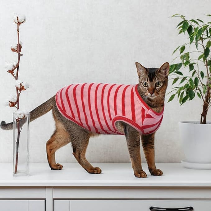 Sphynx Cat Clothes, Breathable Hairless Cat Shirts, Stripe Kitten T-Shirts Sleeveless, Pullover Cat Sweaters, Pet Summer Apparel for Sphynx, Cornish Rex, Devon Rex, Peterbald, Small Dogs