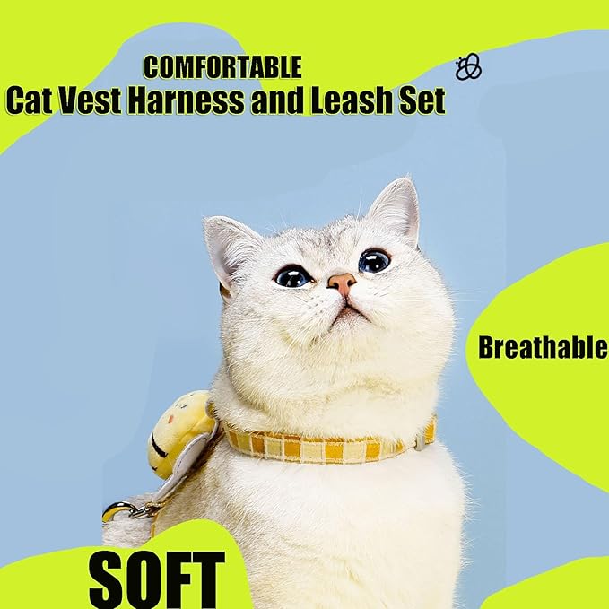 Cat Harness & Leash Set, Cats Escape Proof - Adjustable Kitten Harness for Large Small Cats, Cute Bee Plaid Lightweight Soft Petsafe Harness (Yellow Plaid Bee, S (for 3.0-6.5lb))