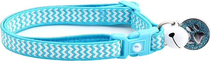 Striped Cat Collar with Bell | Safety Breakaway Collar | Adjustable Large Size or Kitten Collar (Blue & White Chevrons, Large(10lbs & Up))