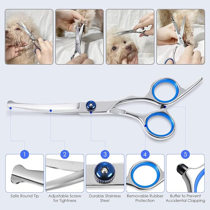 Professional 4CR Stainless Steel with Safety Round Tips Dog Grooming Scissors, Heavy Duty Titanium Coated 6 in 1 Pet Scissors for Dogs,Cats and Other Animals (Wathet 2Pack)