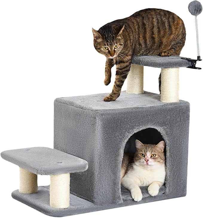 Happi N Pets Dog Stairs with Cat Scratching Post & Large Condo, Stable Pet Steps for High Beds Couch, 3 Combinations Cat Ramp Tree Tower for Cats or Small Dogs, Removable Cushion & Bonus Toy, Gray
