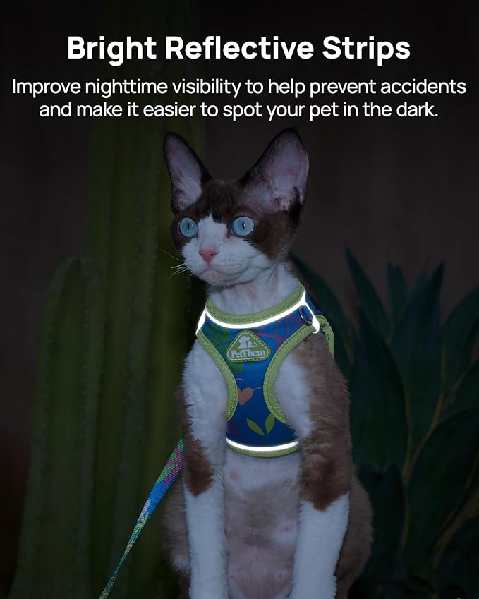 PetThem Upgraded Cat Harness and Leash Set - Step-in Escape Proof Adjustable Cat Harness, Comfortable Soft Lightweight, Reflective Harness for Walking, Travel, Camping (Hawaii Green, L)