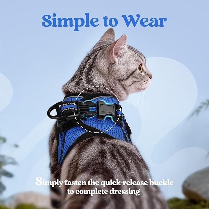 rabbitgoo Cat Harness and Leash Set for Walking Escape Proof, Adjustable Soft Kittens Vest with Reflective Strip for Cats, Comfortable Outdoor Vest,Blue,L