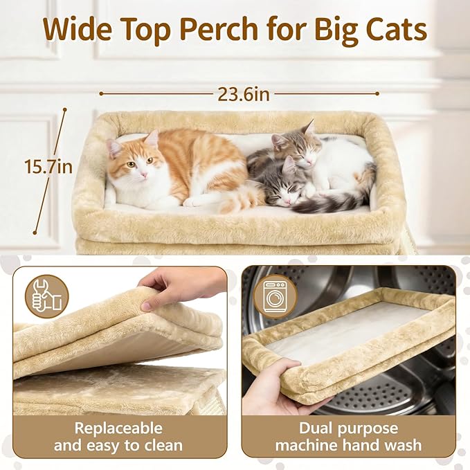 Cat Tree Tower Bed with Scratching Post for Indoor, Heavy Duty Small Stand House Condo for Large Cats & Kittens, Platform Perch Hideout Climb Rest Area, Modern Sturdy Furniture, Beige