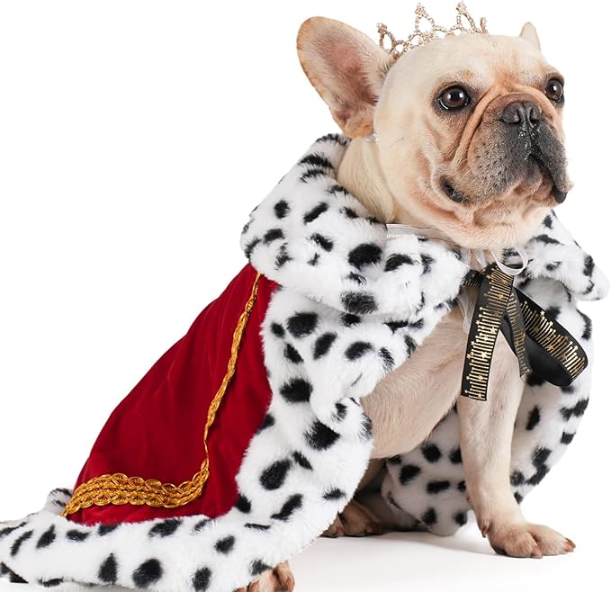 Lovelyshop Pet Serial Majestic Dog/Cat Costume Collection with Lux Velvet Cloak and Gold Pearl Crown Set for Halloween,King Queen Prince and Princess Cosplay-M