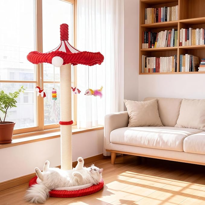Carousel Interactive Cat Toys for Indoor Cats, 39" Tall Cat Scratching Posts for Indoor Cats Adults with Rotating Top, Cute Cat Scratch Post with Hanging Cat Toys, Large