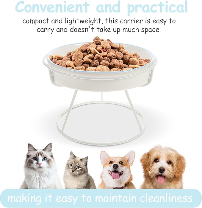 Elevated Ceramic Slow Feeder Cat Bowl and Dog Water Dish with High Base Stand, Anti-Choke Slow Food Plate for Indoor Cats and Small Pets, Blue Fish Design with White Elevated Rack