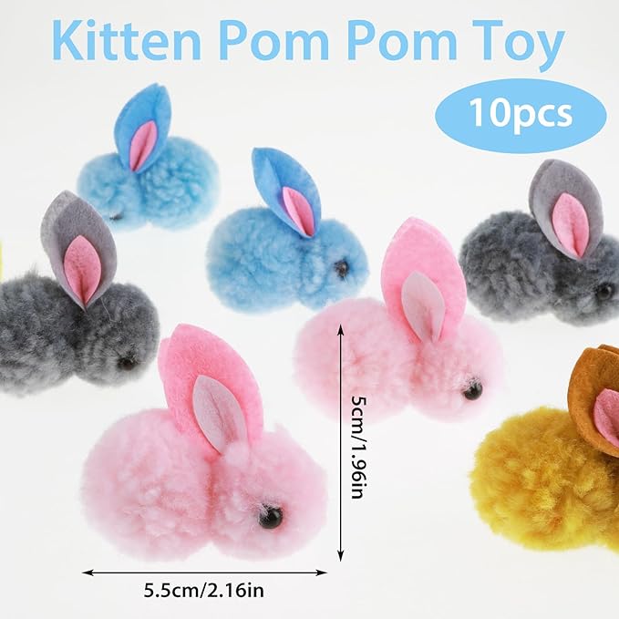 10Pcs Cat Toy Balls, Cute Bunny Shape Pompom Ball 5.5Cm/2.16In Soft Kitten Puff Toys for Pet Indoor Cat Play Training Fetching