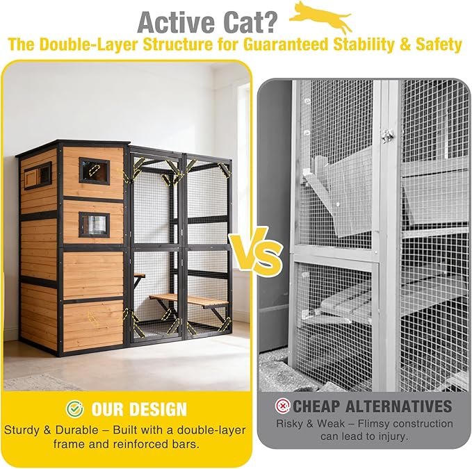 Aivituvin Large Catio Cat Enclosure Window for Outdoor Cats, Weatherproof Cat House with Roof, Resting Platforms & Windows, Indestructible Feral Cat Shelter for Backyard - Black and Brown