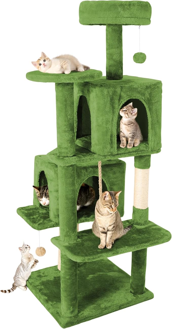 59in Large Cat Tree Tower for Indoor Cats with Soft Plush Hang Ball, Two Condos, Sisal Scratch Posts & Rope Play for Kittens/Adult Cats, Green