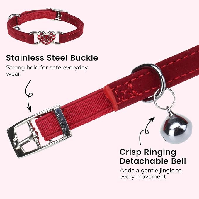 BINGPET Diamond Cat Collar,Adjustable Soft Velvet Leather Safe Kitten Collar with Crystal Heart Charm and Bells,Girl Boy Bling Stylish Cat Collars with Safety Elastic (Red, Neck Girth 8"-10"