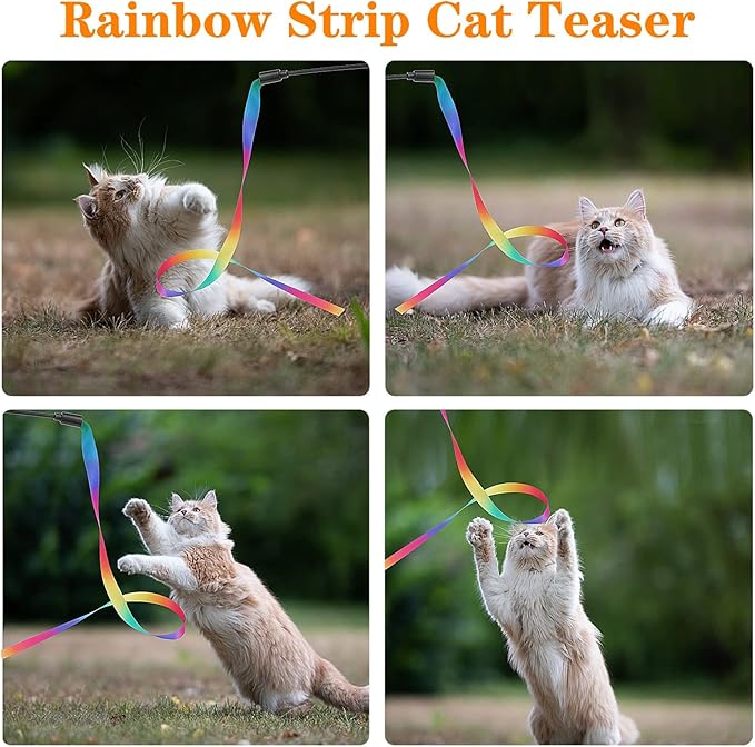 Molain Cat Wand Interactive Toy, 5 Sets Colorful Fabric Ribbon Sticks, Indoor Interactive Cat String Toy