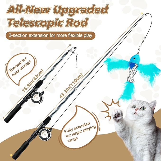 Pawaboo Cat Feather Toys, 4 Pack Interactive Cat feather Teaser Wand Toys, Retractable Fishing Pole Wand Catcher Exerciser with Refill Fish, Dragonfly Worm with Bells, Fun Cat Kitten Kitty Playing Toy