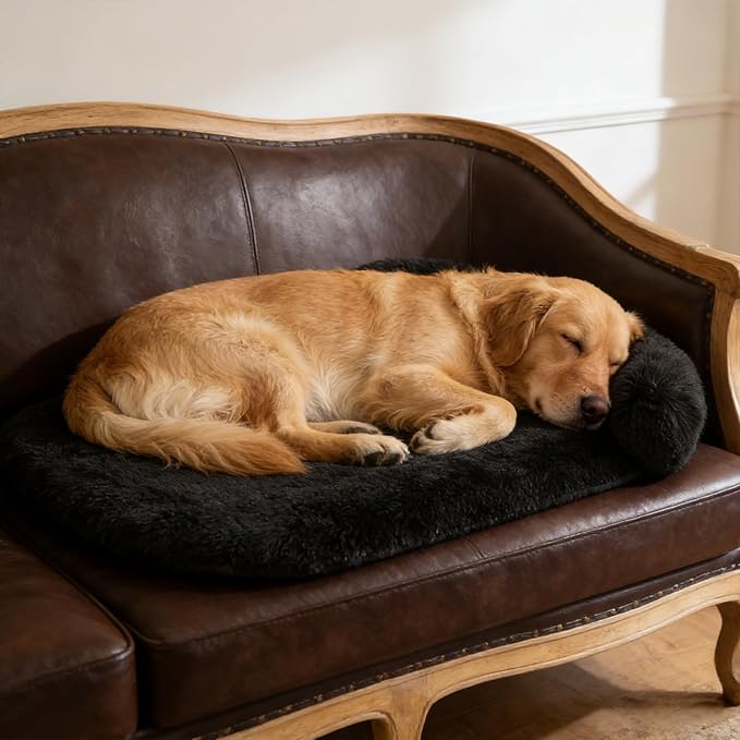 Orthopedic Dog Bed with Egg-Crate Base, Calming Dog Beds Fluffy Plush Faux Fur with Raised Edges, Spine Friendly Pet Sleeping Mat for Medium Large Dogs, Machine Washable (Oval, Black 40"x30")