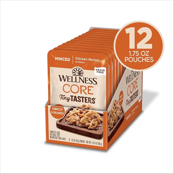 Wellness CORE Tiny Tasters Minced Adult Wet Cat Food,Natural,Protein-Rich,Grain Free,1.75-Ounce Pouch,(Chicken),(Pack of 24)