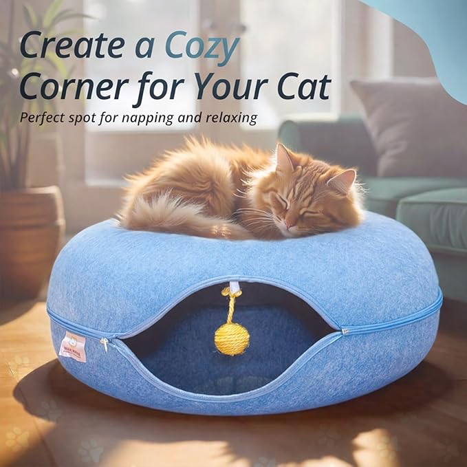 MeowMates Peekaboo Cat Cave Donut Bed for Multiple Cats Upto 45lbs, 3-in-1 Large Cat Tunnel & Donut Bed Combo w Round Tunnel Scratcher for Indoor Cats, Hanging Toy, Washable & Detachable