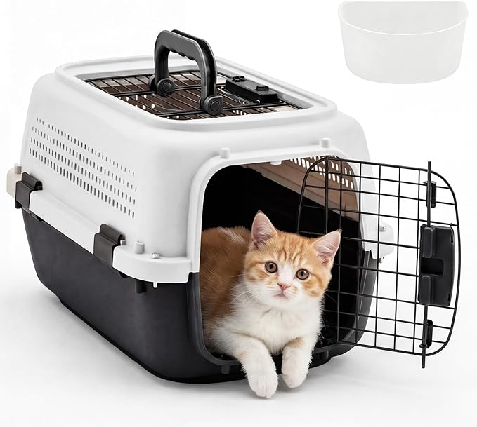 DUMOS 23" Hard-Sided Pet Carrier for Small Dogs & Cats, Airline Approved Travel Crate with Enhanced Security Latches, Front & Top Load Wire Door, Food Bowl for Traveling, Hiking, Camping (White&Black)