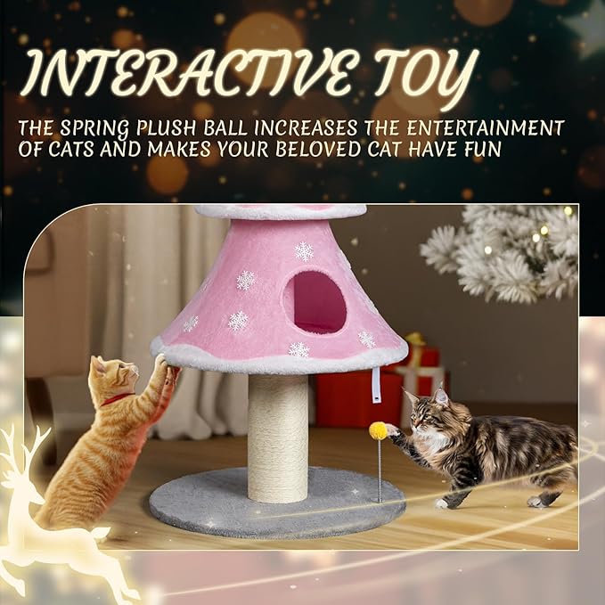 VINGLI 59in Pink Christmas Tree Cat Tower for Indoor Cats - Multi-Level Cat Tree with 2 Condos, Fleece Platforms, Sisal Scratching Post & Dangling Toy, Wide Stable Base for Adult Cats & Kittens