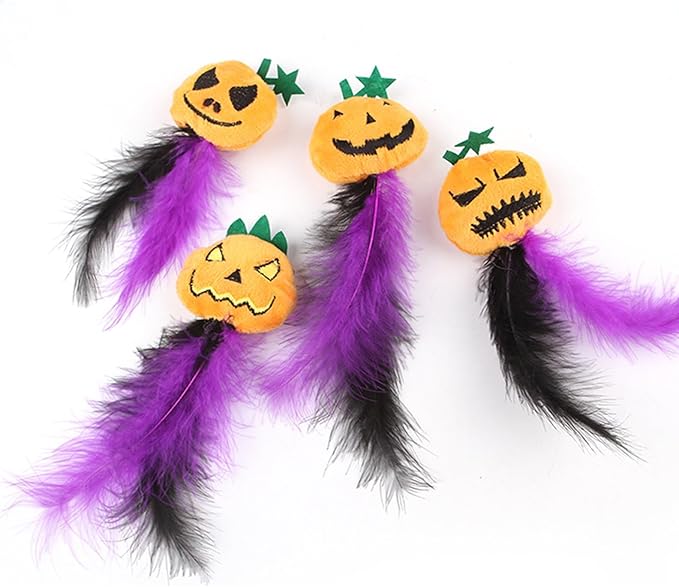 Pumpkin-Shaped Cat Toys 4-Pack with Feathers
