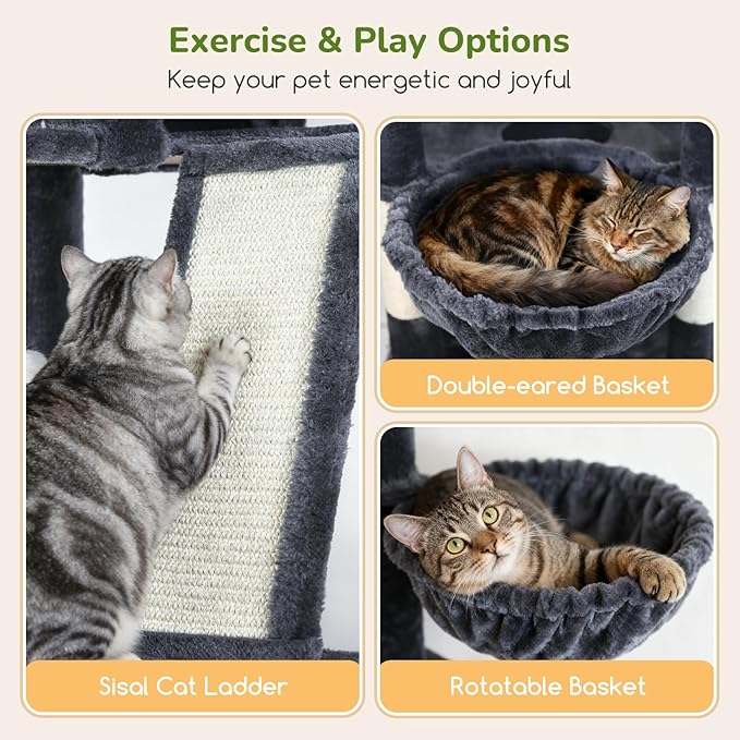 Globlazer Extra Large Cat Tree Tower 80inch XXL Tall Cat Tree for Multiple Indoor Cats Large Adult Kittens with Scratching Posts, 2 Widened Perches, Adjustable Baskets, 2 Cozy Condos, S80G, Dark Grey
