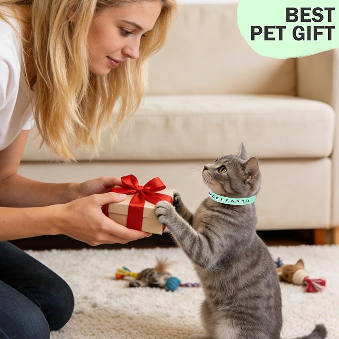 Leather Cat Collars for Boy Girl Cats with Bell and Safety Elastic Belt, Personalized Rivets Stud Adjustable Safe Buckle Collar with Skull Charm for Kitty Small Pets, Halloween Cat Collar