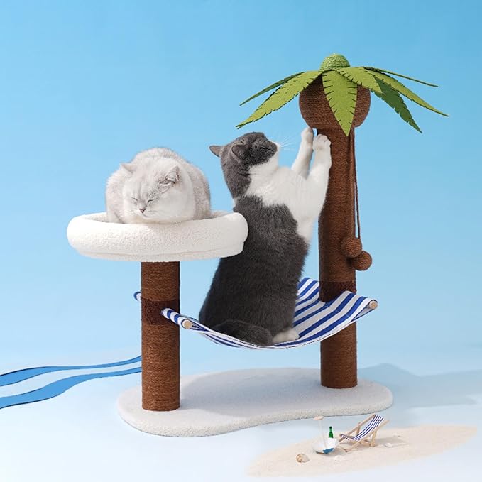 ZEZE Summer Coconut Island Cat Tree with Hammock & Bed — Tropical Palm Tree Cat Scratching Post, Cozy Plush Cat Nest, Sisal Rope Climbing Tower for Indoor Cats, Stable Base