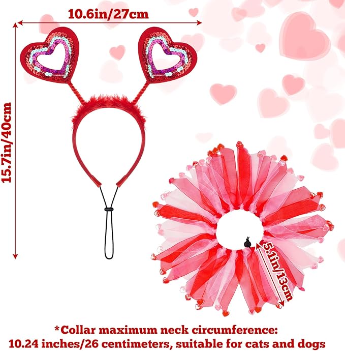 2 Pcs Valentines Day Pet Costumes - Small Dog & Cat Valentines Outfit (Collar and Headband), Red and Pink Themed Apparel for Small Pets