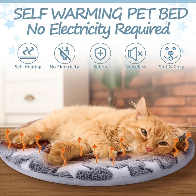 VitalCozy 2 Pack Self Heating Cat Pad Self Heating Cat Bed Machine Washable Heat Pet Mat Reversible Body Thermal Warm Round Dog Bed Crate Blanket for Feral and Indoor Cats(12'',Large Star)