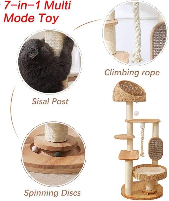 Solid Wood Cat Tree for Large Cat, 50-Inch Tall Cat Tower for Indoor Cats with Scratching Post, Multi-Level Cat Condo with Handwoven Basket, Sturdy Cat Houses Easy to Clean