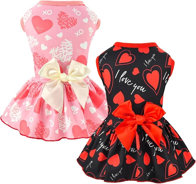 2-Pack Valentine's Day Dog Cat Dress Love Heart Dog Dresses Puppy Valentines Day Skirt Dog Pet Valentines Day Costume Outfit Apparel Clothes for Small Medium Dogs Cats S