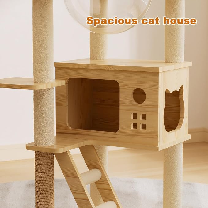 Modern Wooden Cat Tree for Indoor Cats, 48.8" Cat Tower with Scratching Posts, Acrylic Hammock, Multi Level Cat Condo for Large Cats (48.8")