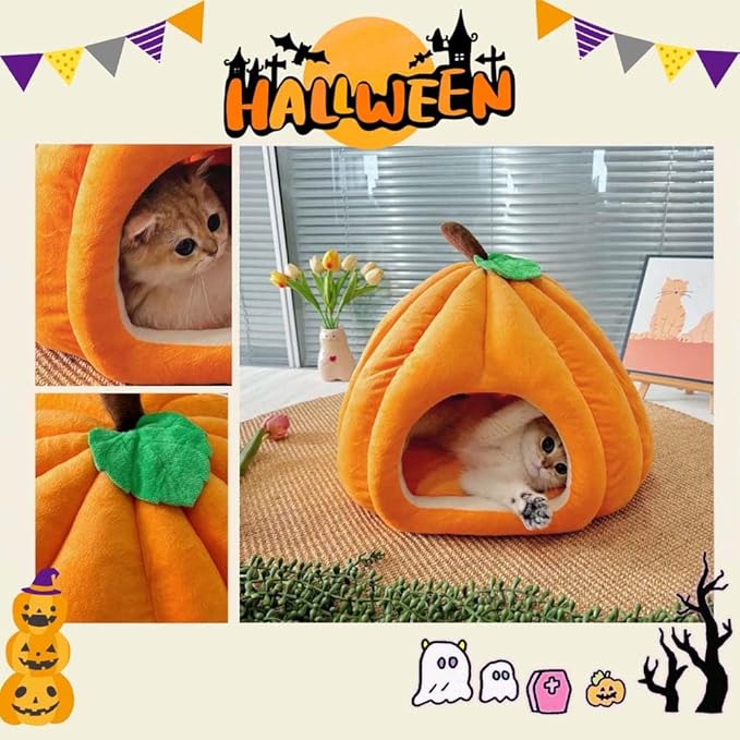 Cute Pumpkin Cat Bed for Indoor Cats，Pumpkin Shape Cat House with Removable Washable Cushioned Pillow，Cat Cave Bed Cat Tent for Puppy and Kitten (Blue,18 in)