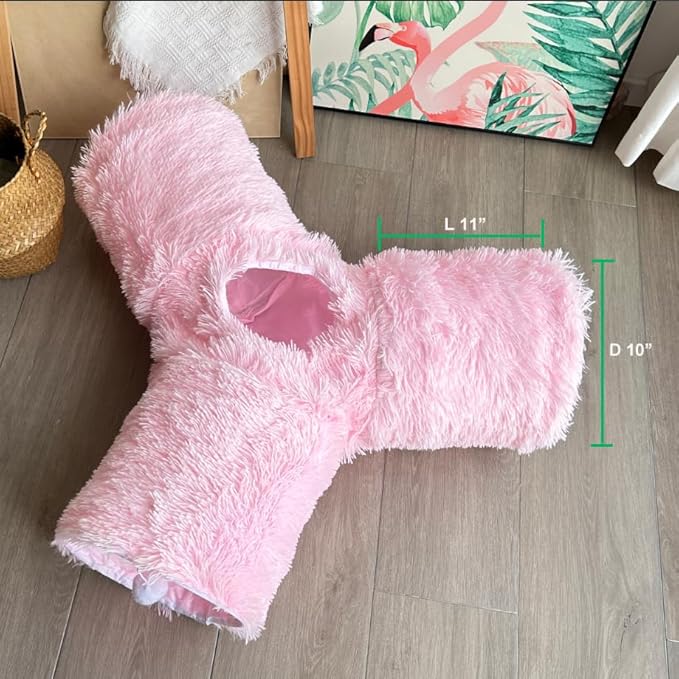Cat Tunnel Tube Toy Collapsible 3 Way Pink Plush, Pet Tunnels for Indoor Cats, Play Tubes with Hanging Ball Perfect for Kitten, Puppy, Rabbit, Interactive Toys for Fun Playtime & Exercise