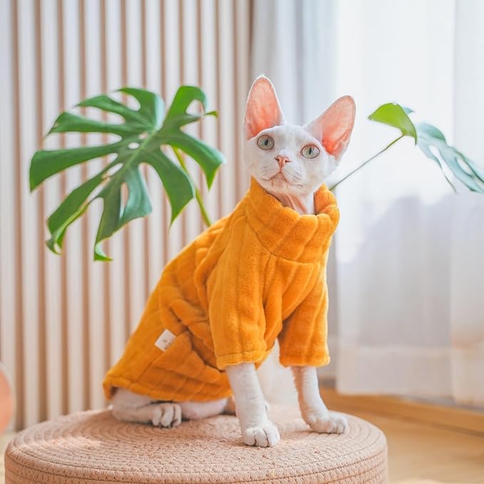 Turtleneck Sweater for Sphynx Cat Soft Coral Fleece Cat Clothes Thick Winter Warm Outfit Coat for Hairless Cats and Small Dogs Apparel with Sleeves (Orange, XXL (13.3-16 lbs))
