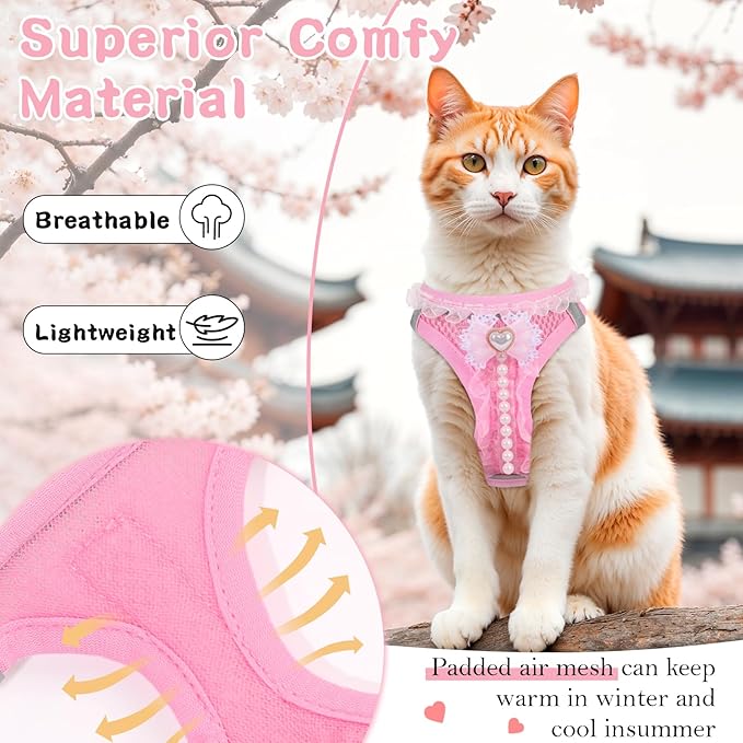 Cat Harness and Leash Set,Escape Proof Adjustable Kitten Harness with Cute Pink Bow,Breathable Reflective Strips Harness for Kitty Puppy Bunny for Walk Travel and Indoor Use (Pink XS)