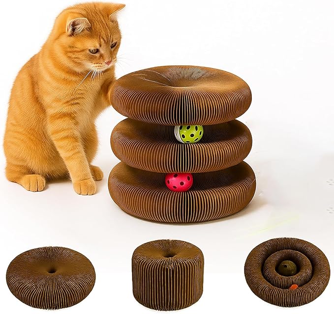 Interactive Cat Toy, Kitty Curls Cat Scratcher, Twisty Paws Cat Scratching Post, Kitty Kurls Magic Organ Cat Scratch Pad with Ball Toy for Indoor Cats, Kitty kurlz Modern Cat Scratching Board