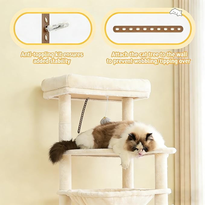 Cat Tree, 66 Inches Modern Cat Tower for Indoor Cats, Multi-Level Tall Cat Tree for Large Cats with Sisal-Covered Scratching Posts, Padded Platform, Hammock, and Condo, Beige