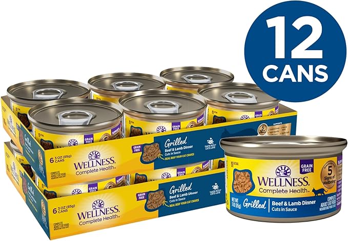 Wellness Complete Health Grilled Adult Canned Wet Cat Food, Natural, Protein Rich, Grain Free, Beef and Lamb Dinner Recipe, 3 oz, Pack of 12 Cans