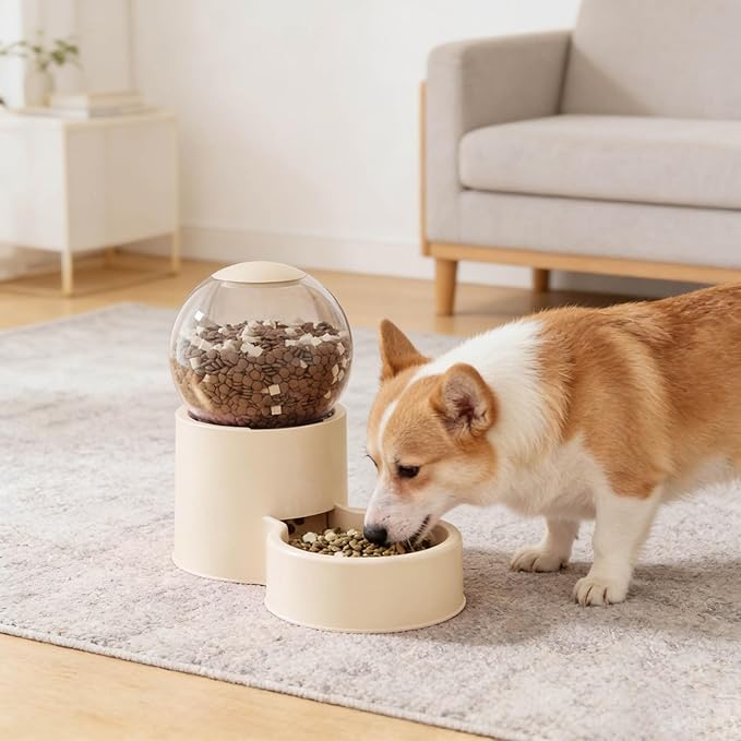 Automatic Cat Feeder, Water Dispenser Gravity Food Feeder and Water Set, Pack of 2, Cat Food Dispenser and Gravity Water Fountain for Cats Small Dogs Puppies Kittens Pets (Beige)