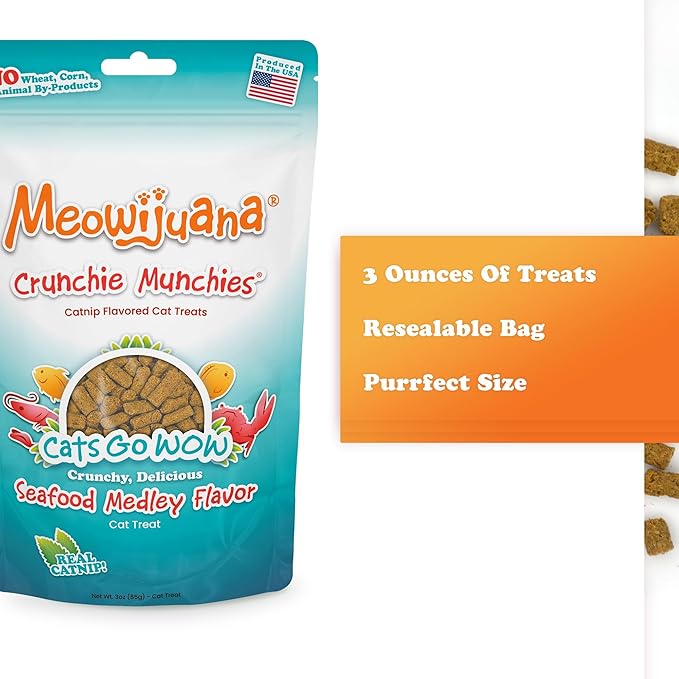 Meowijuana Seafood Treat Trio | 3-Pack Crunchie Munchie Seafood Catnip Treats | Low Calorie Cat Snack | Made with Organic Catnip | Produced in the USA
