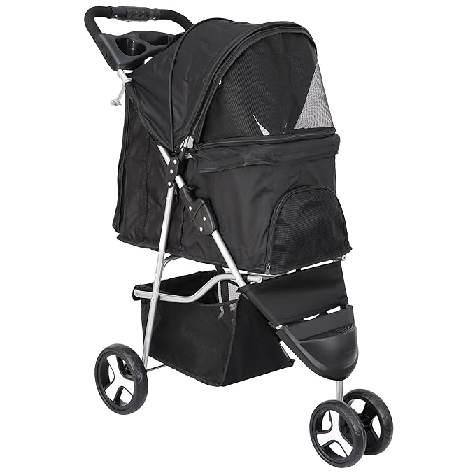 JungleA Foldable Pet Stroller for Cats Dogs,3 Wheel Pet Cage Jogger Cart for Small to Medium Pets,Lightweight & Portable & Durable Pet Stroller with Weather Cover, Storage Basket and Cup Holder